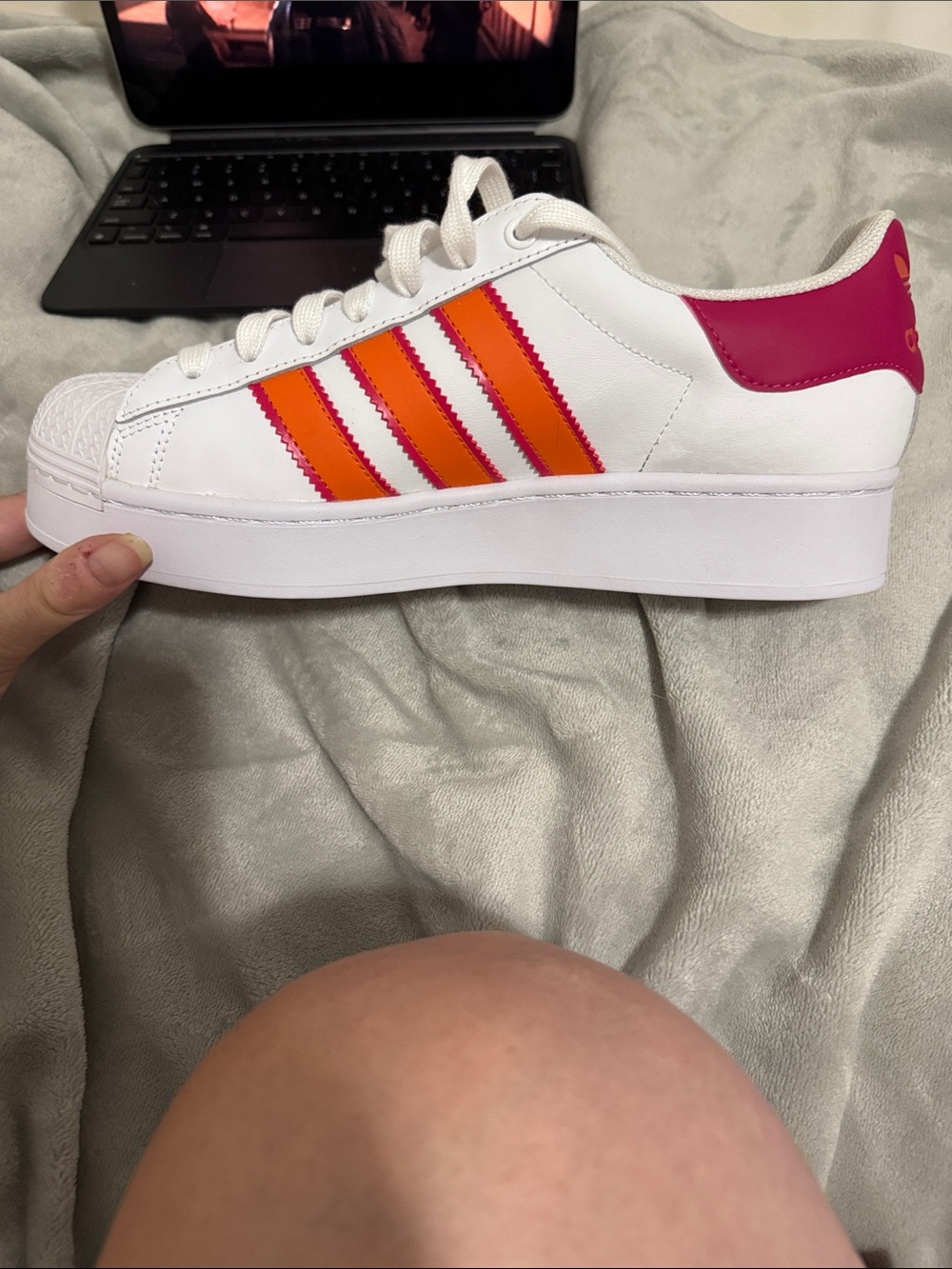 adidas White Sneakers with Pink & Orange Stripes - Picture 3 of 7